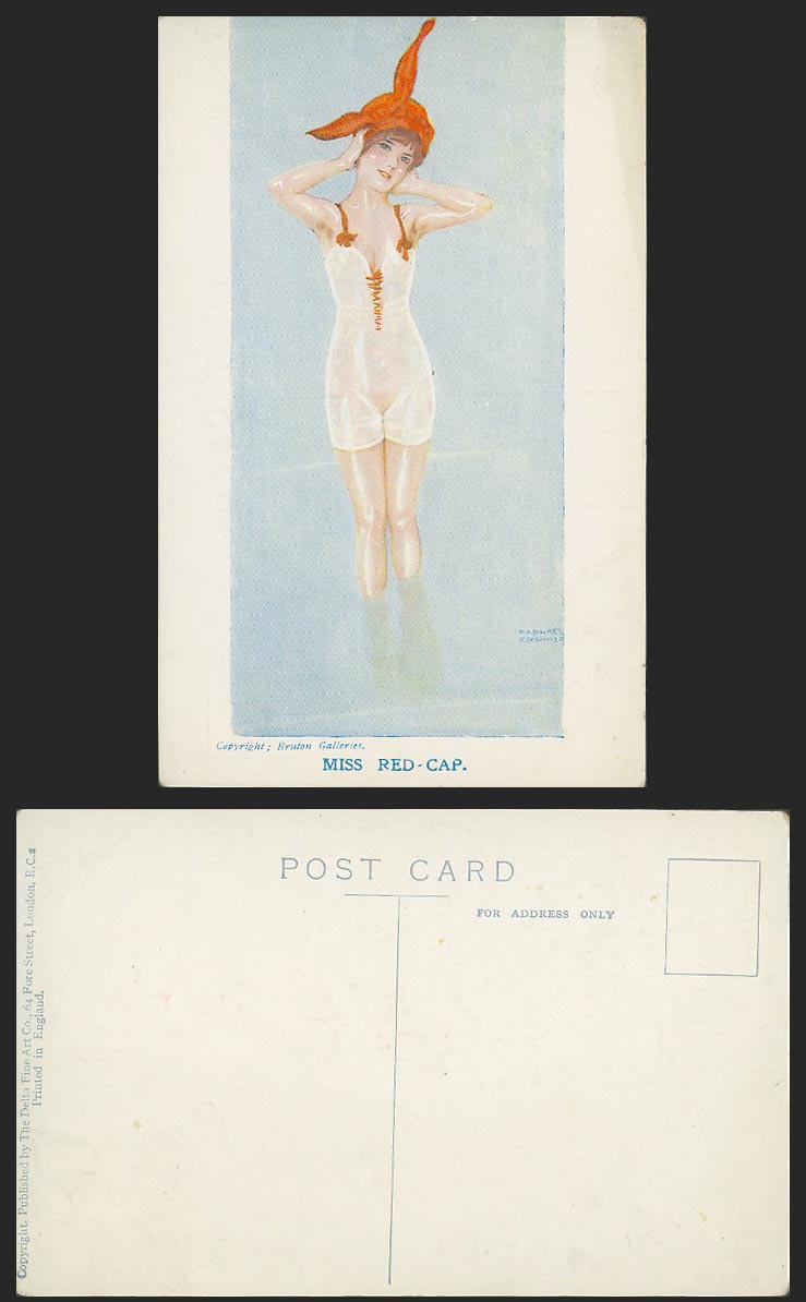 Raphael Kirchner Artist Signed Old Postcard Miss Red Cap Bather in Bathing Suits