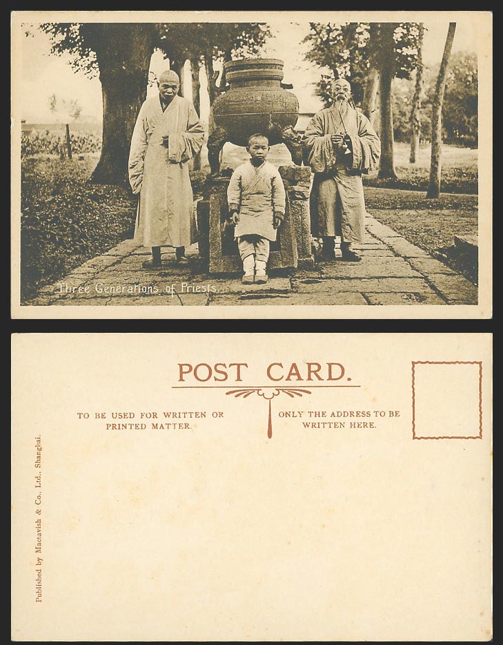 China 1922 Old Postcard 3 Generations of Chinese Priests, Smoking Opium Shanghai