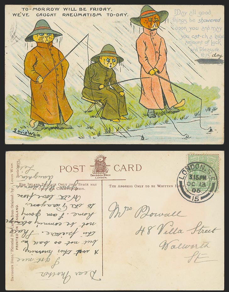 Louis Wain Artist Signed Cat Fishing Rain We Caught Rheumatism 1905 Old Postcard