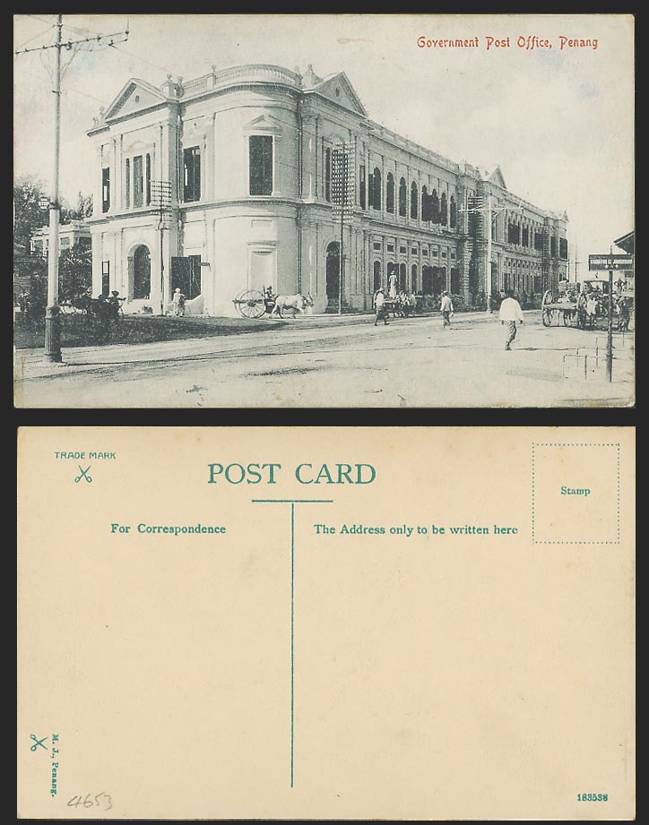 Penang Old Postcard Government Post Office Street Scene Cattle Carts M.J. Penang