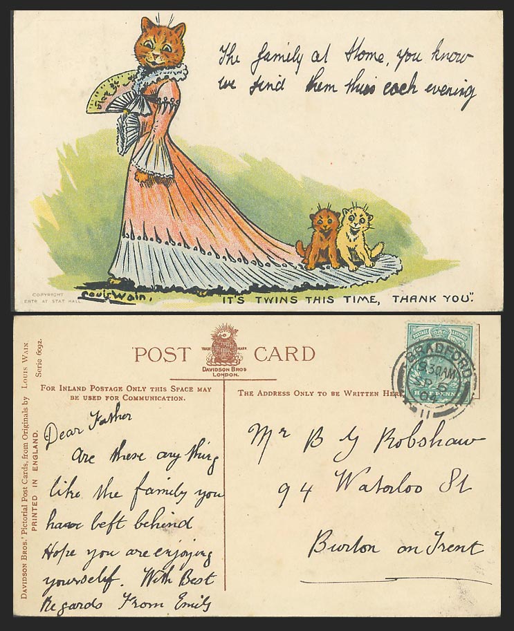 LOUIS WAIN Artist Signed Cats Kitten Twins This Time Thank You 1904 Old Postcard