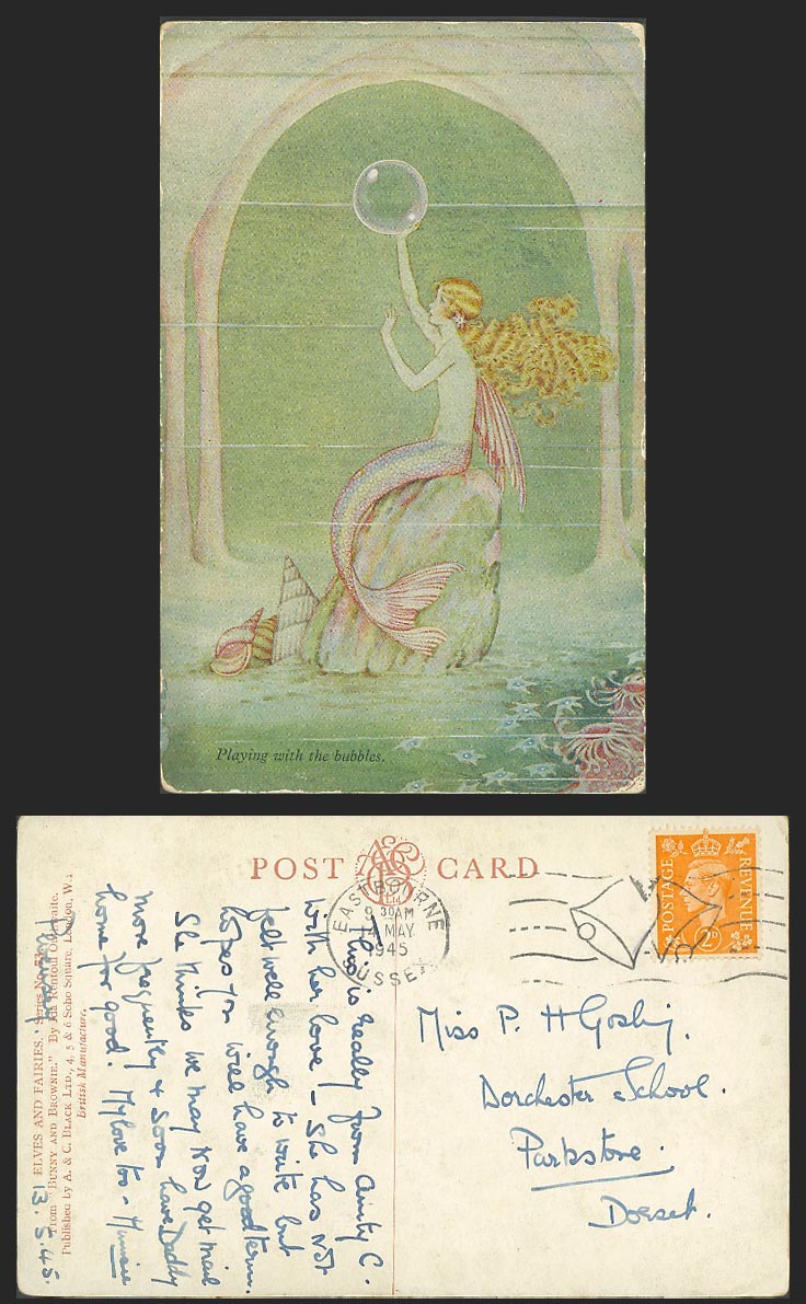 Ida Rentoul Outhwaite 1915 Old Postcard Mermaid Playing with Bubbles Fairy Shell
