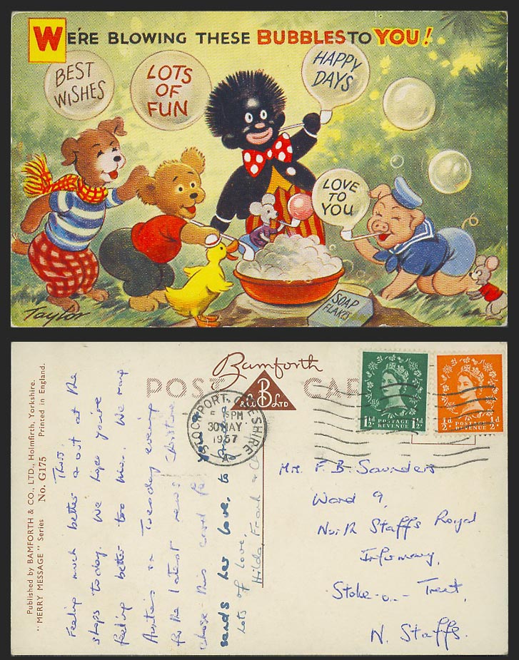Taylor Comic 1957 Old Postcard We're Blowing These Bubbles to You! Pig Dog Bear