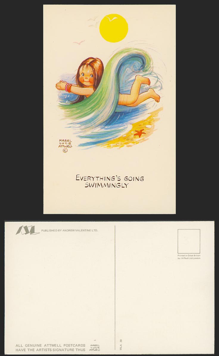 MABEL LUCIE ATTWELL Old Postcard Everything's Going Swimmingly, Swimming MLA 39