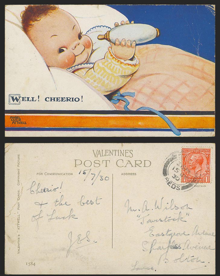 MABEL LUCIE ATTWELL 1930 Old Postcard Baby Holding Milk Bottle Well Cheerio 1584