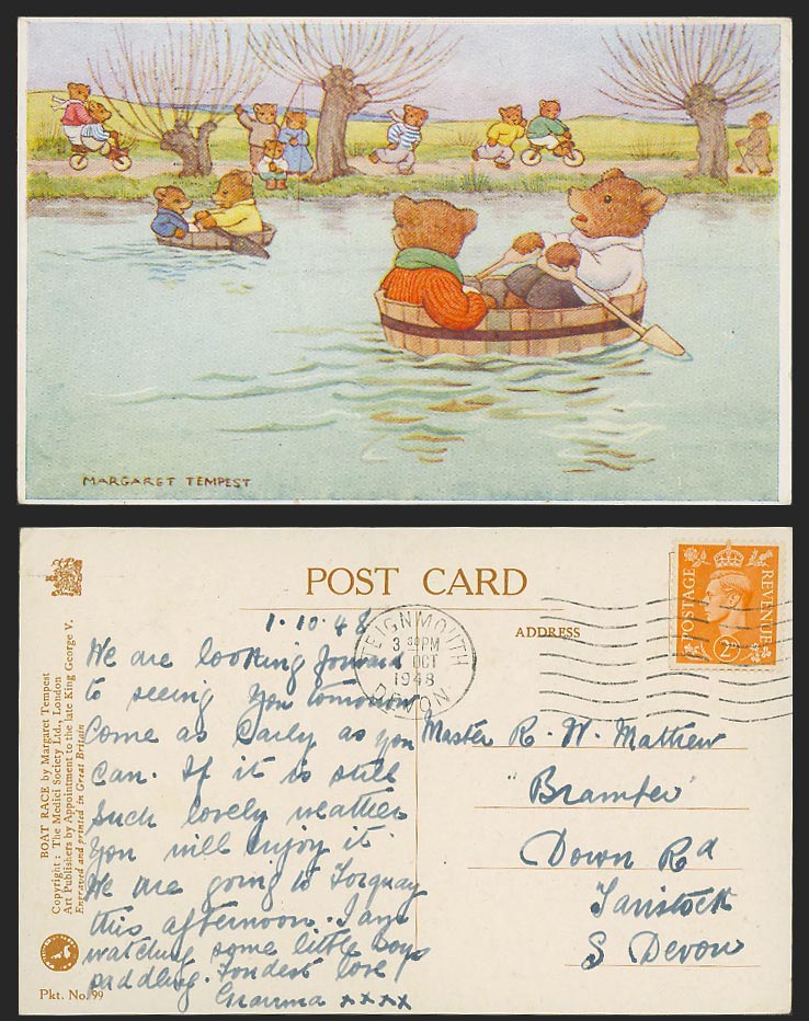 Margaret Tempest Artist Signed 1948 Old Postcard Bears BOAT RACE Cyclist Fishing