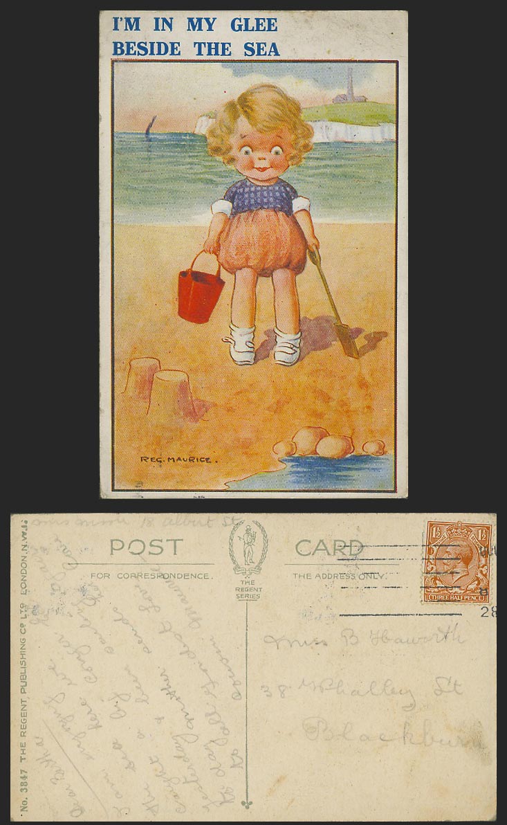 Reg Maurice Old Postcard I'm in my Glee beside the Sea Girl on Beach Sand Castle
