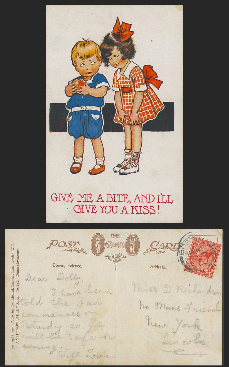 Comic 1920 Old Postcard Give me a bite, and I'll give you a kiss! Now Smile 491