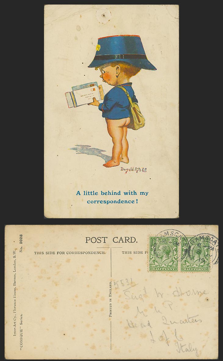 Donald McGill 1919 Old Postcard Postman A Little Behind with Correspondence 2028