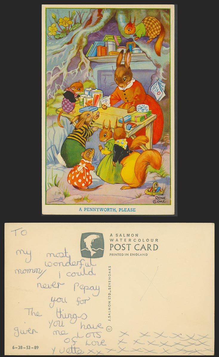 RENE CLOKE Artist Signed Old Postcard A Pennyworth Please Rabbit Squirrels Mouse