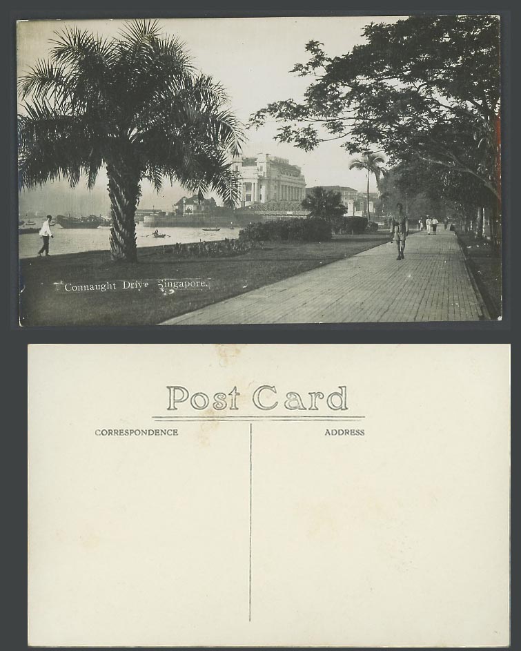 Singapore Old Real Photo Postcard Connaught Drive, Street Bridge River Policeman