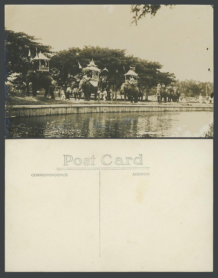 Perak Old Real Photo Postcard Idris Shah I. Sultan Birthday Procession Elephants