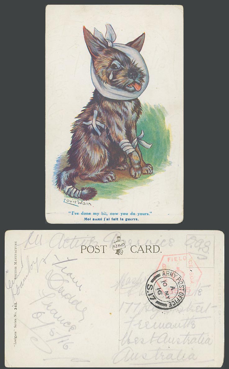 LOUIS WAIN Signed Dog I've Done My Bit Now Yours, WW1 Censored 1916 Old Postcard
