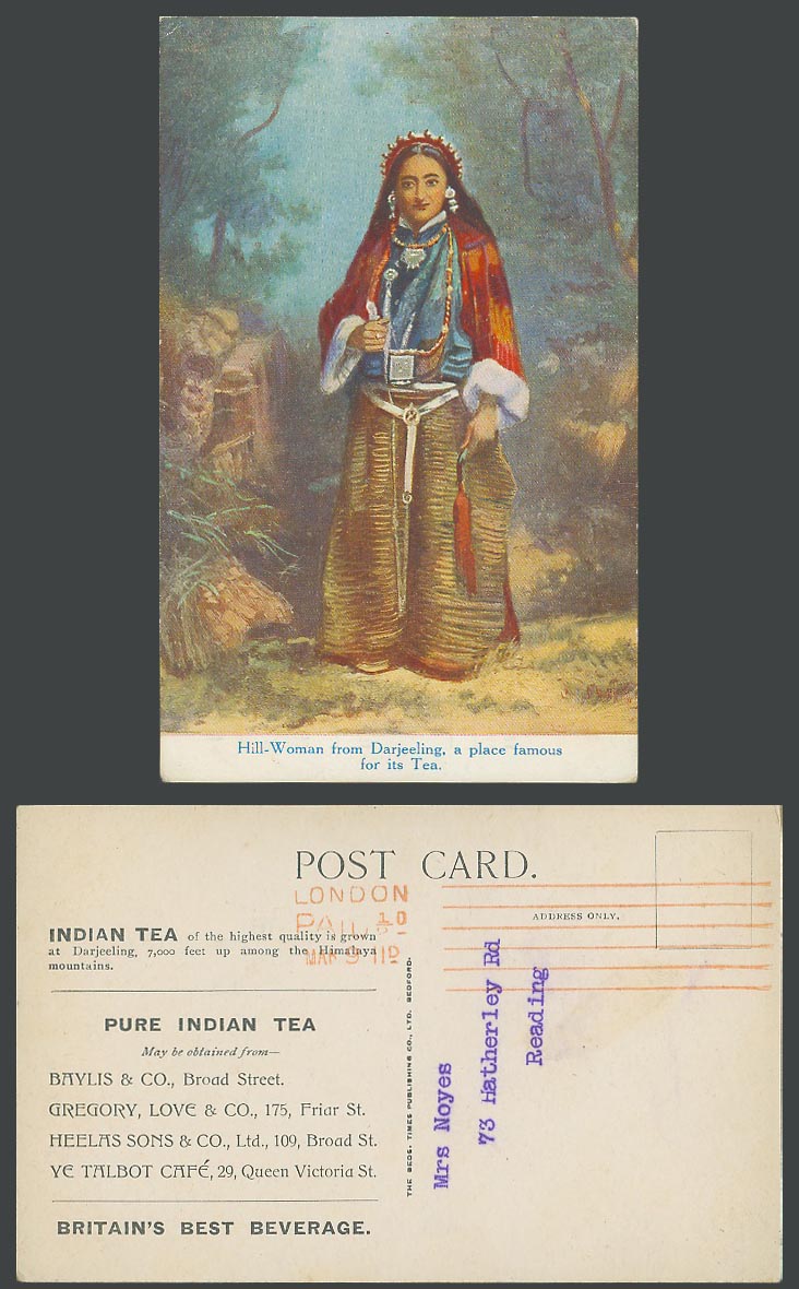 TIBET China Tibetan Hill Woman Darjeeling Tea Ads. London Paid 1911 Old Postcard
