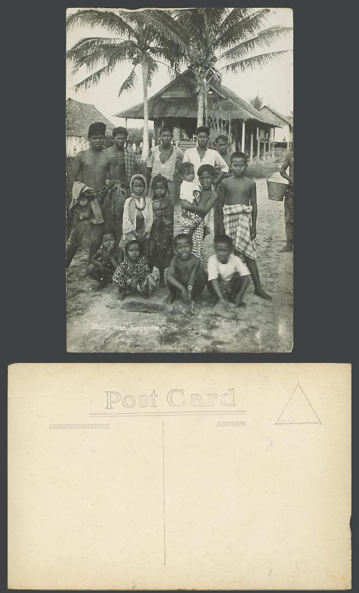 Singapore Old Real Photo Postcard Malay Man Men & Children Palm Tree Houses Huts