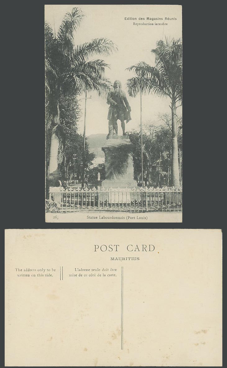 Mauritius Old Postcard Statue Labourdonnais Port Louis Palm Trees Monument No.26