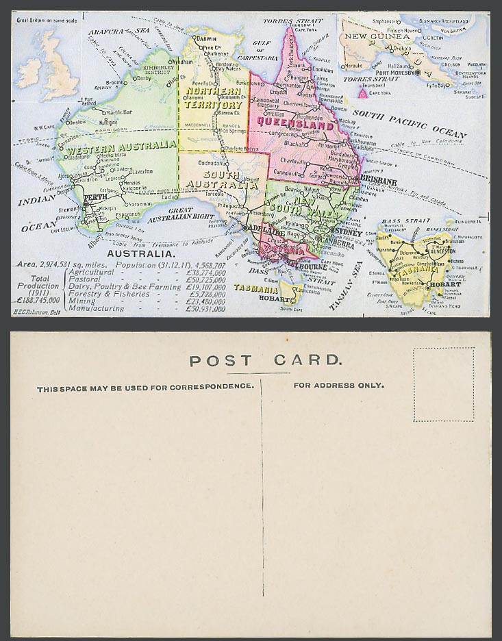 Australia MAP Tasmania Hobart Queensland Sydney Brisbane Perth, etc Old Postcard