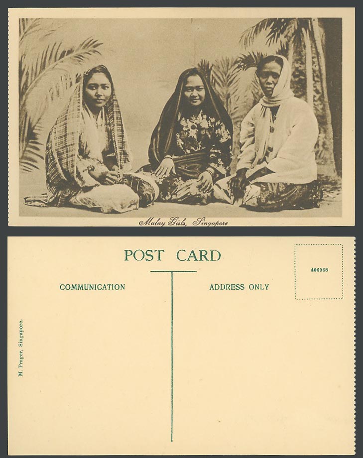 Singapore Old Postcard Malay Girls, Native Women Traditional Costumes M. Prager