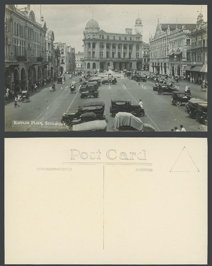 Singapore Old Real Photo Postcard Raffles Place Street Scene Motor Cars Rickshaw
