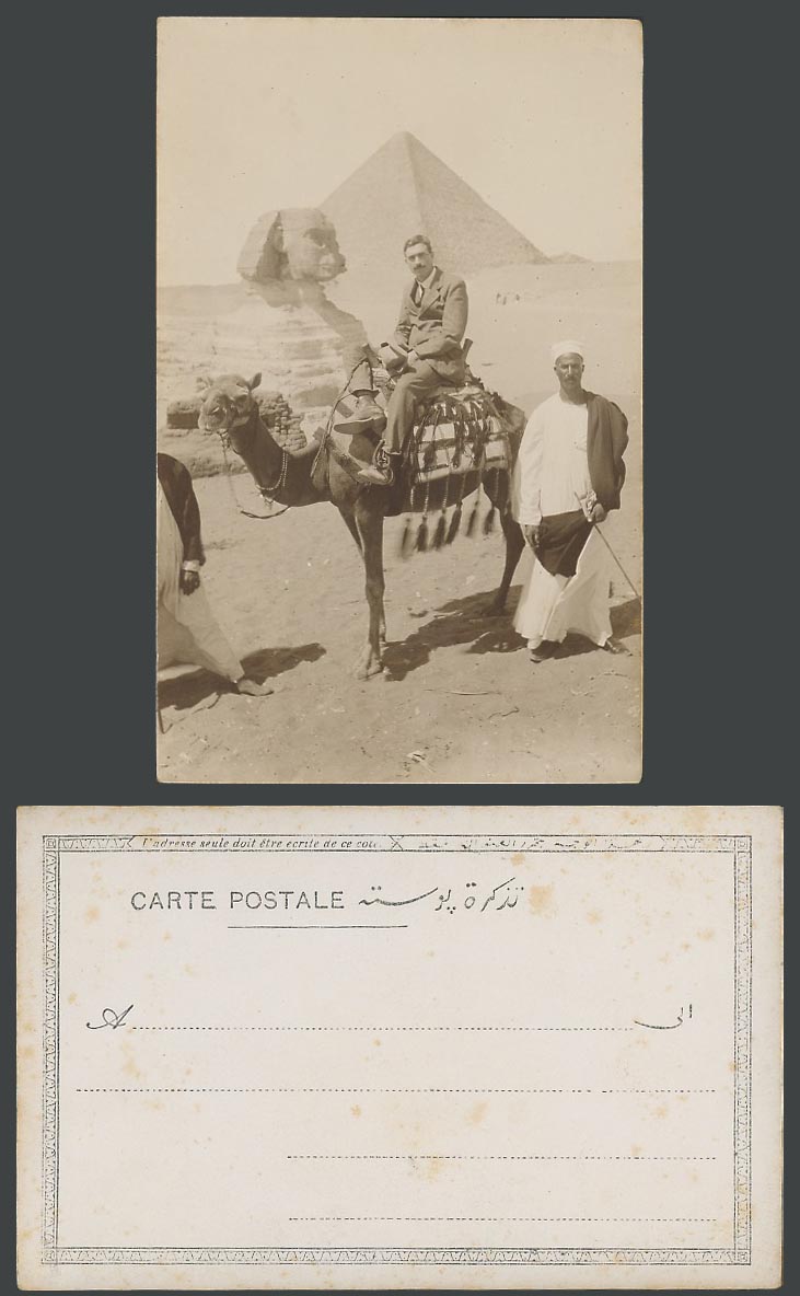 Egypt Old Real Photo UB Postcard Sphinx and Pyramid, Man Riding Camel Arab Guide