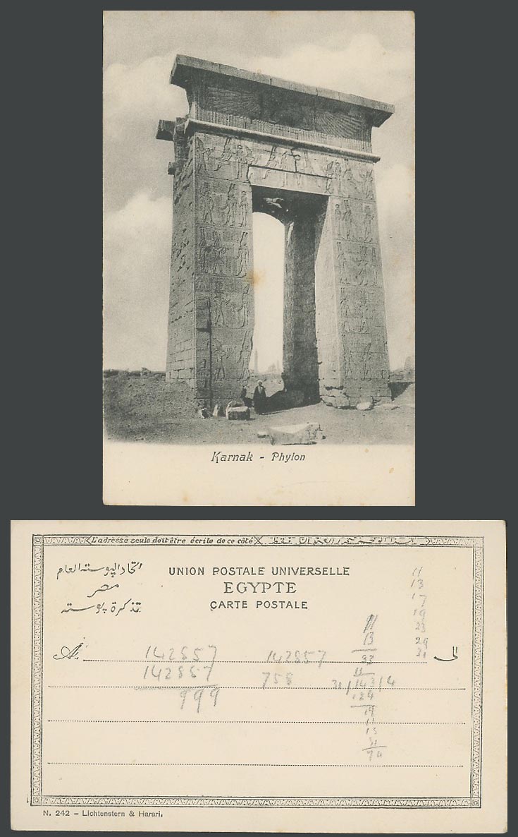 Egypt Old UB Postcard Karnak Phylon, Temple Ruins, Gate with Carvings, L&H 242