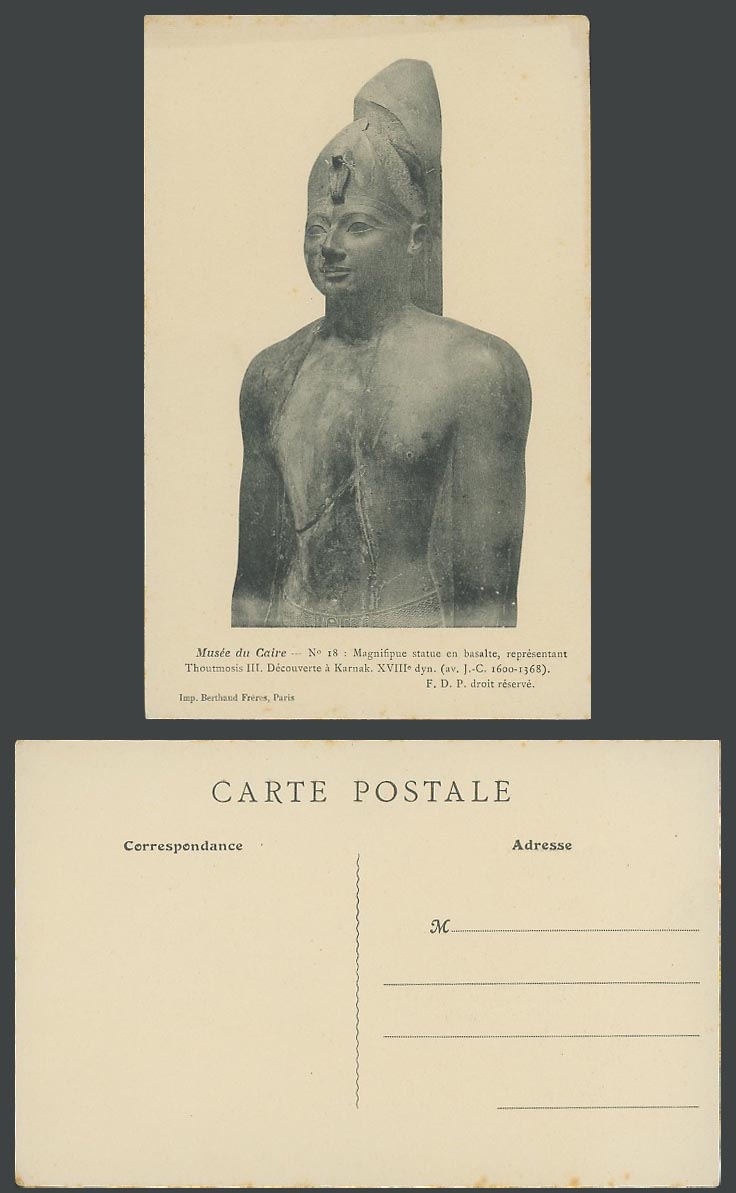 Egypt Old Postcard Cairo Museum Thoutmosis Thutmose III Basalt Statue Karnak 18.