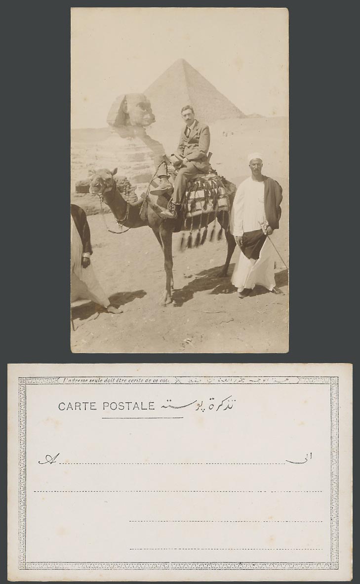 Egypt Old Real Photo UB Postcard Sphinx Pyramid Camel Rider Man and Native Guide