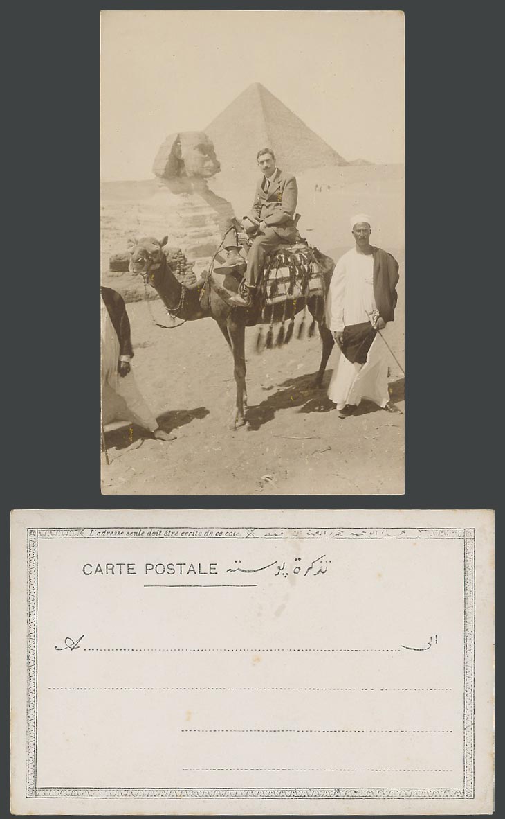 Egypt Old Real Photo UB Postcard Sphinx Pyramid Western Man Camel & Native Guide