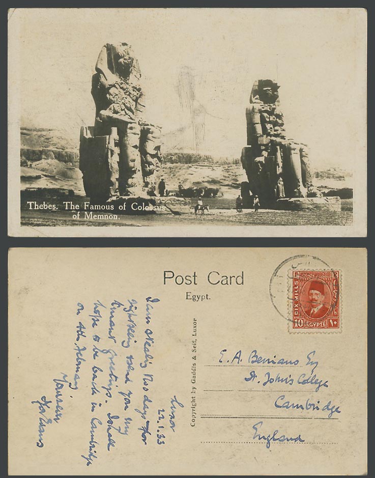 Egypt 10m 1933 Old RP Postcard Thebes Colosses Memnon King Mannan Colossi Statue