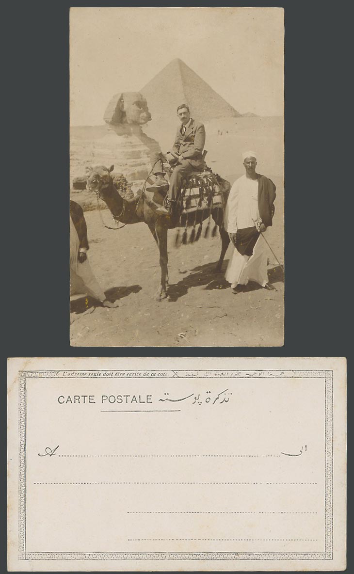Egypt Old Real Photo UB Postcard Sphinx Pyramid, Camel Rider & Native Arab Guide
