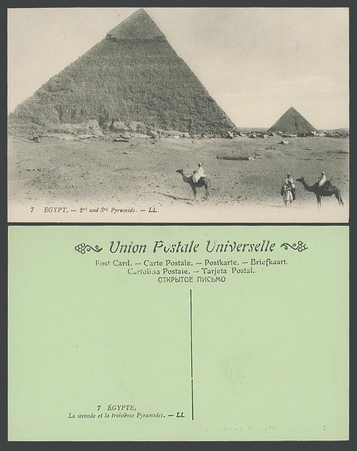 Egypt Old Postcard Cairo, 2nd 3rd Pyramids Giza Gizeh Ghizeh Camel Riders L.L. 7