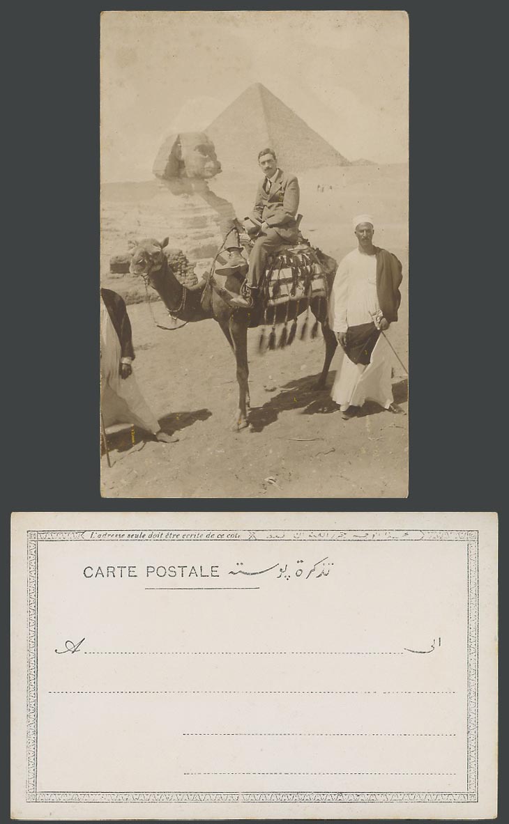 Egypt Old Real Photo UB Postcard Sphinx Pyramid, Western Man on Camel Arab Guide