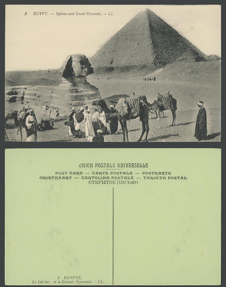 Egypt Old Postcard Sphinx, Great Pyramid, Arab Men Camels Grande Pyramide L.L. 3