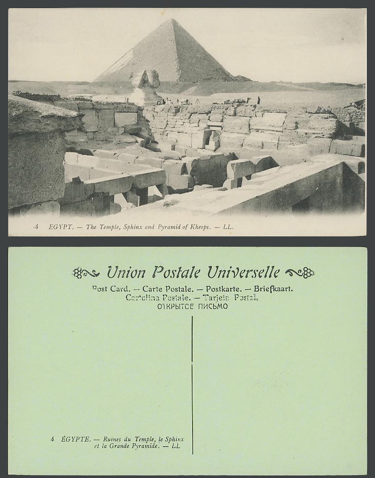 Egypt Old Postcard The Temple Ruins Sphinx Great Pyramids of Kheops Camel L.L. 4