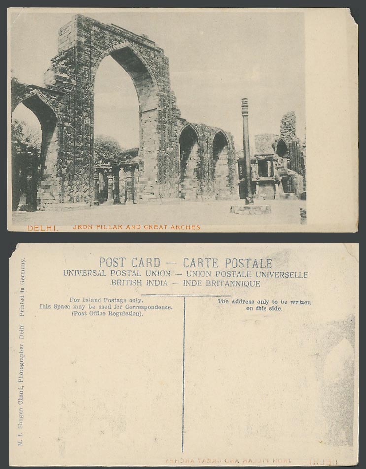 India Old Postcard Great Arches Iron Pillar Mayo Gate Delhi Arch M.L. Shugan Ch.