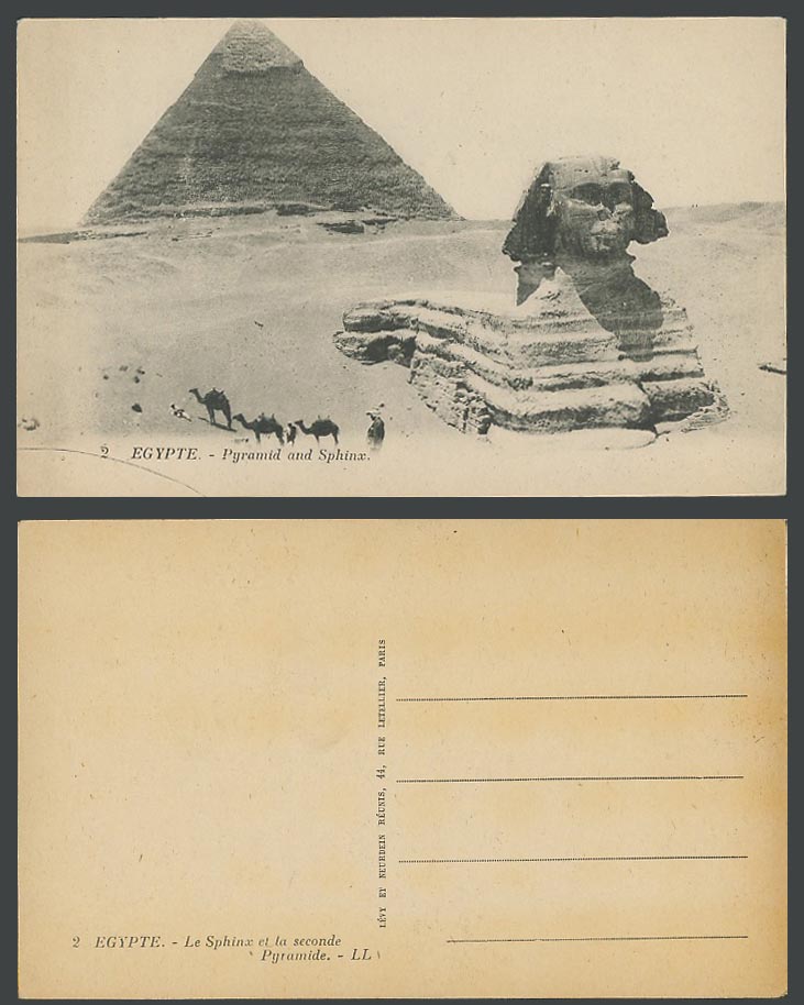 Egypt Old Postcard Cairo 2nd Pyramid & Sphinx La seconde Pyramide, Camels L.L. 2