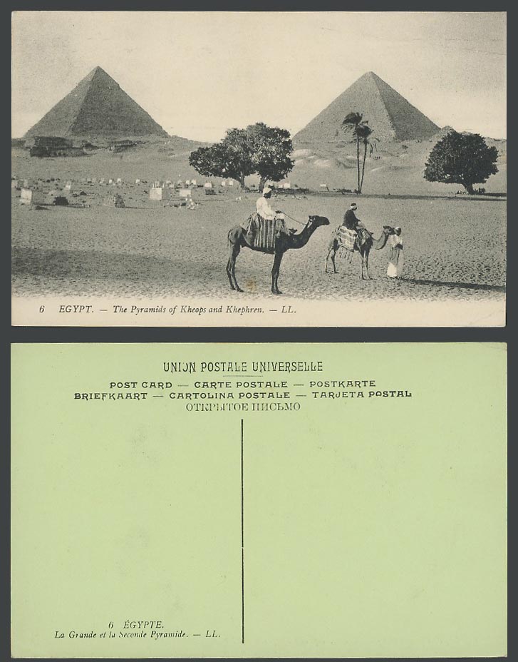 Egypt Old Postcard The Pyramids of Kheops & Khephren, Camel Riders Desert L.L. 6