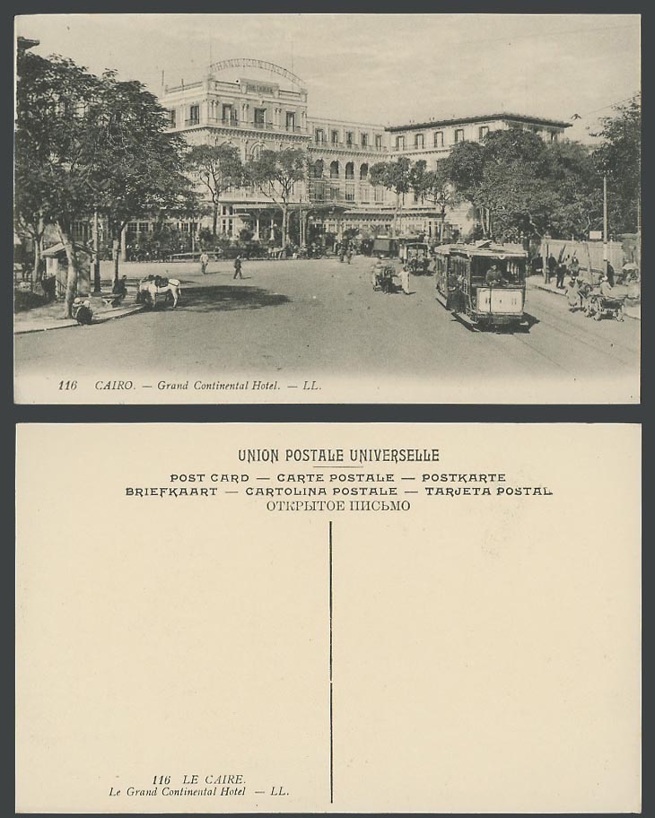 Egypt Old Postcard Cairo Grand Continental Hotel Tram Tramway Street Scene LL116