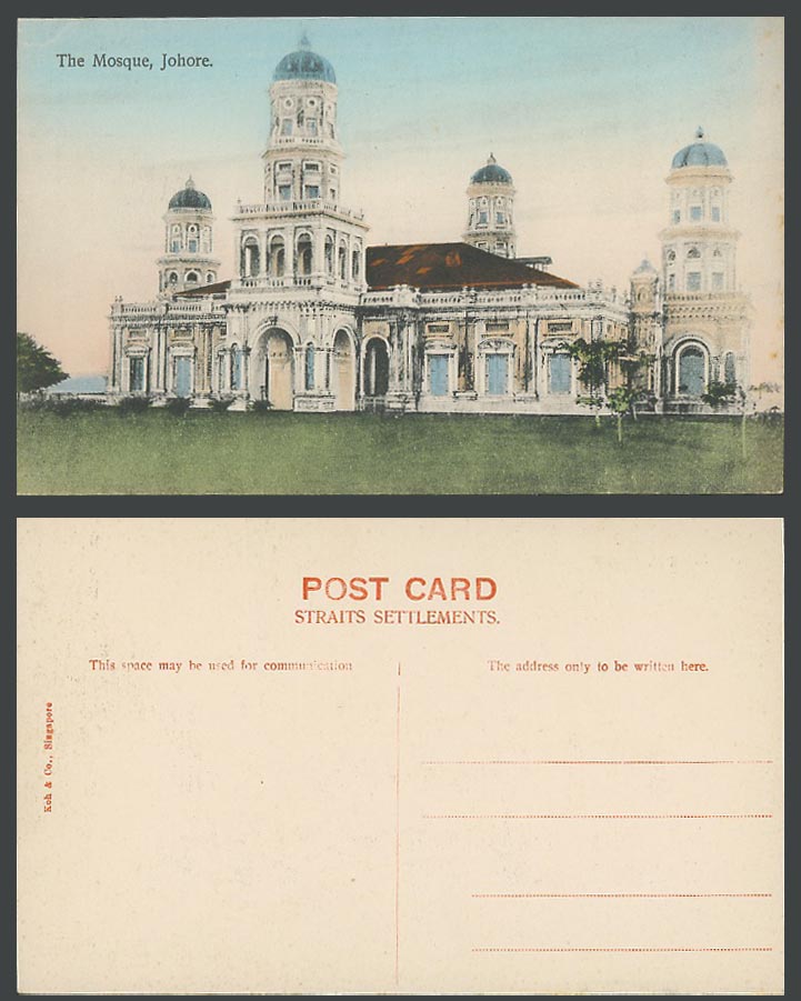 Johore Old Hand Tinted Postcard The Mosque Johore, Straits Settlements Koh & Co.