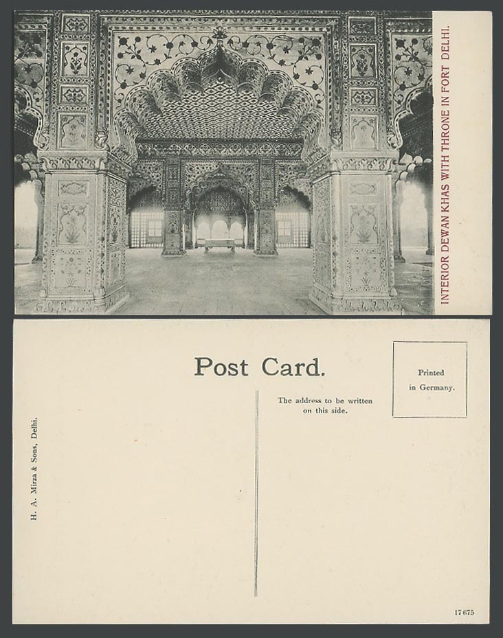 India Old Postcard Interior Dewan Khas with Throne in Fort Delhi H.A. Mirza Sons