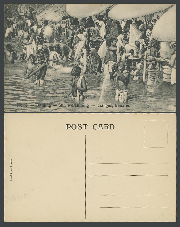 India Old Postcard Sun Worshipping Benares, Native Bathers Bathing in River No.8