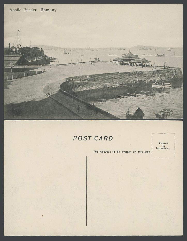 India Old Postcard Apollo Bunder Bombay Harbour Ships Boats Street View Panorama
