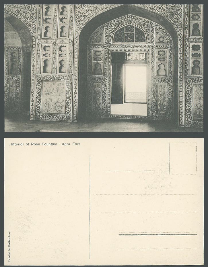 India Old Postcard Interior of Rose Fountain, Agra Fort, Printed in Switzerland