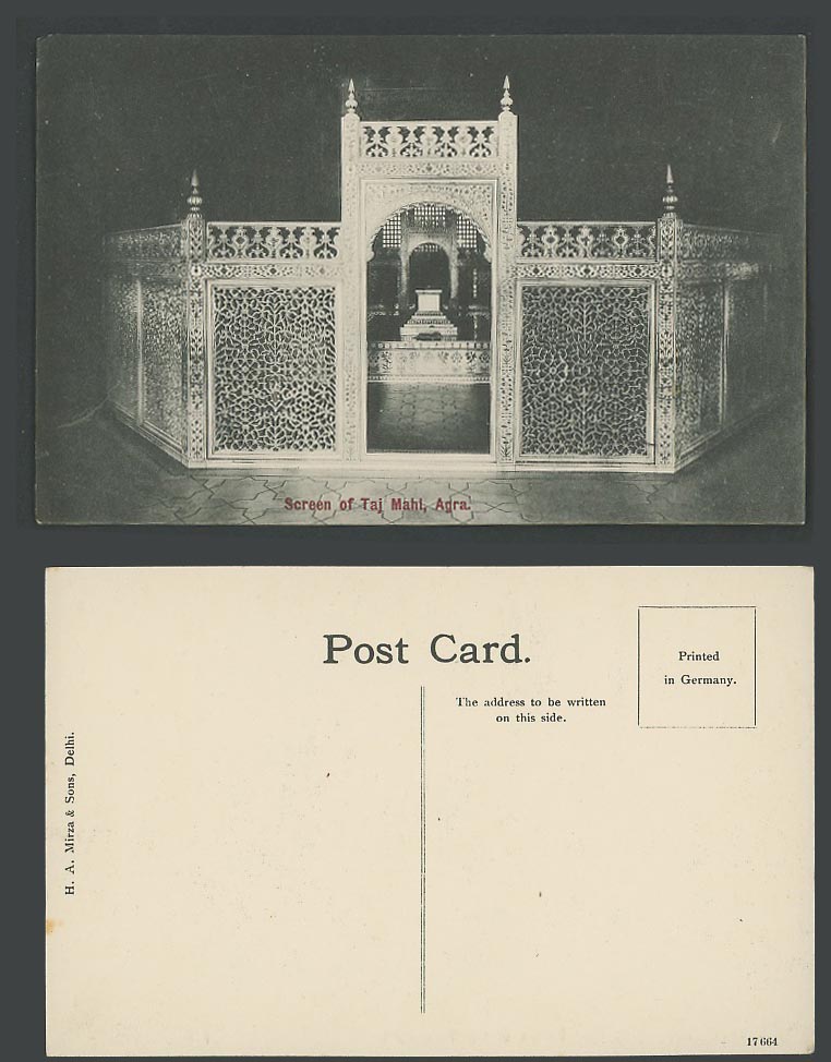 India Old Postcard Marble Screen Grille of TAJ MAHAL, Agra, Interior, H.A. Mirza