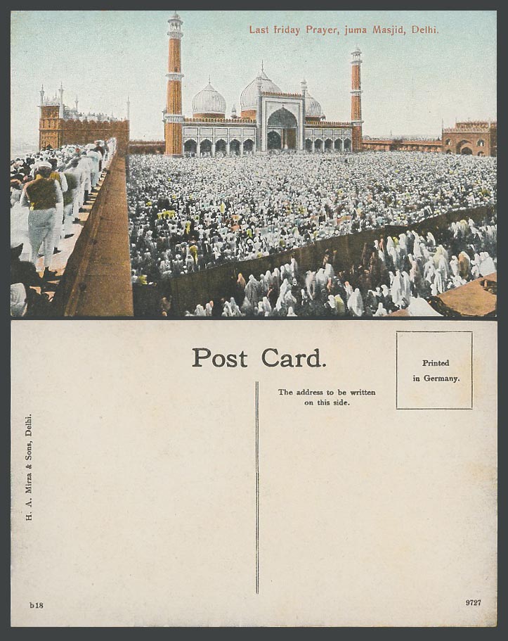 India Old ColourPostcard Last Friday Prayer Juma Masjid, Delhi Muslim Mosque b18