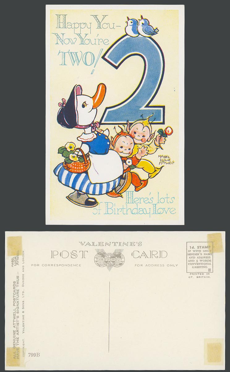 MABEL LUCIE ATTWELL Old Postcard You're Two Birthday Love Fairies Duck Bird 799B
