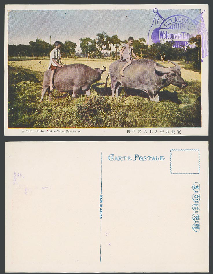Formosa Taiwan China 1923 Old Postcard Native Children on Buffaloes S.S. Laconia