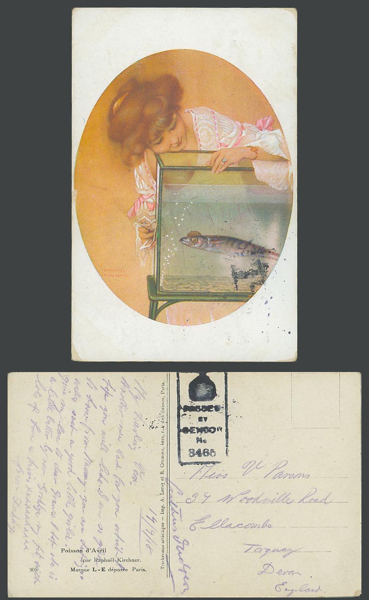 Raphael Kirchner 1918 Old Postcard Poisson d'Avril April Fool Aquarium Fish Tank