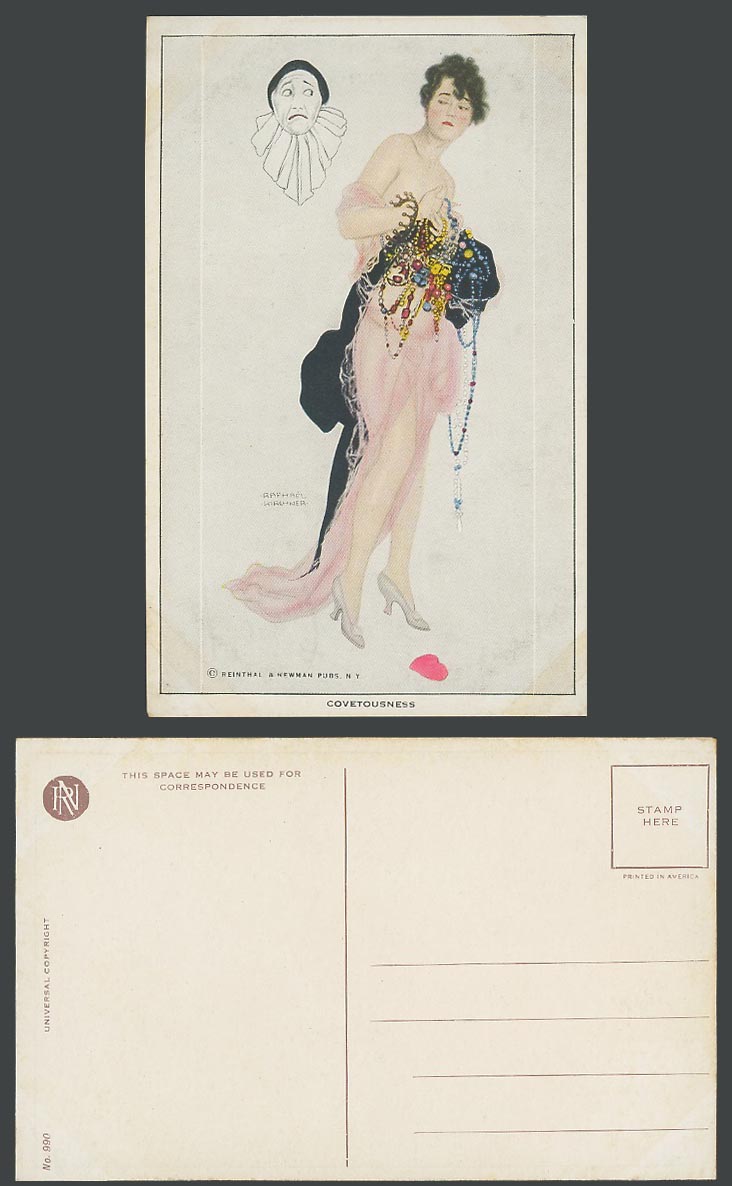 Raphael Kirchner Old Postcard Covetousness Glamour Lady Woman with Jewelry Clown