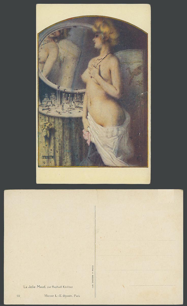Raphael Kirchner Old Postcard La Jolie Maud Glamour Woman wears Necklace, Mirror